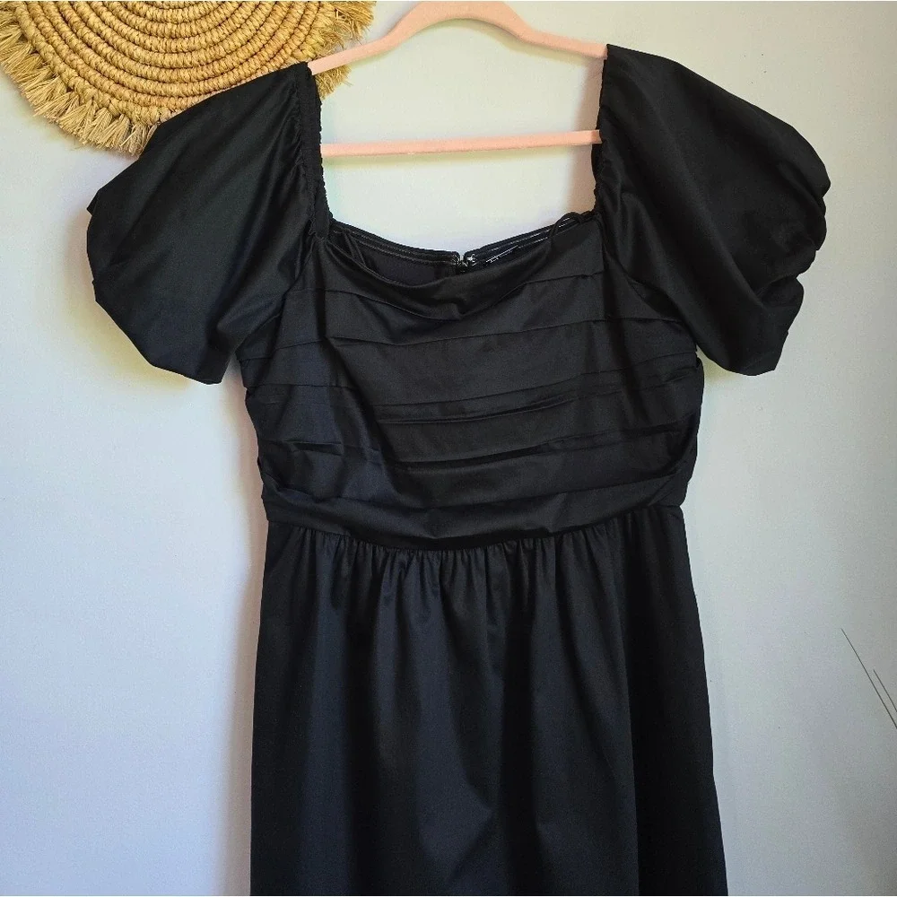 Elie Tahari Black Topaz Puff Sleeve Pleated Poplin Midi Dress SZ 10 Minimalist